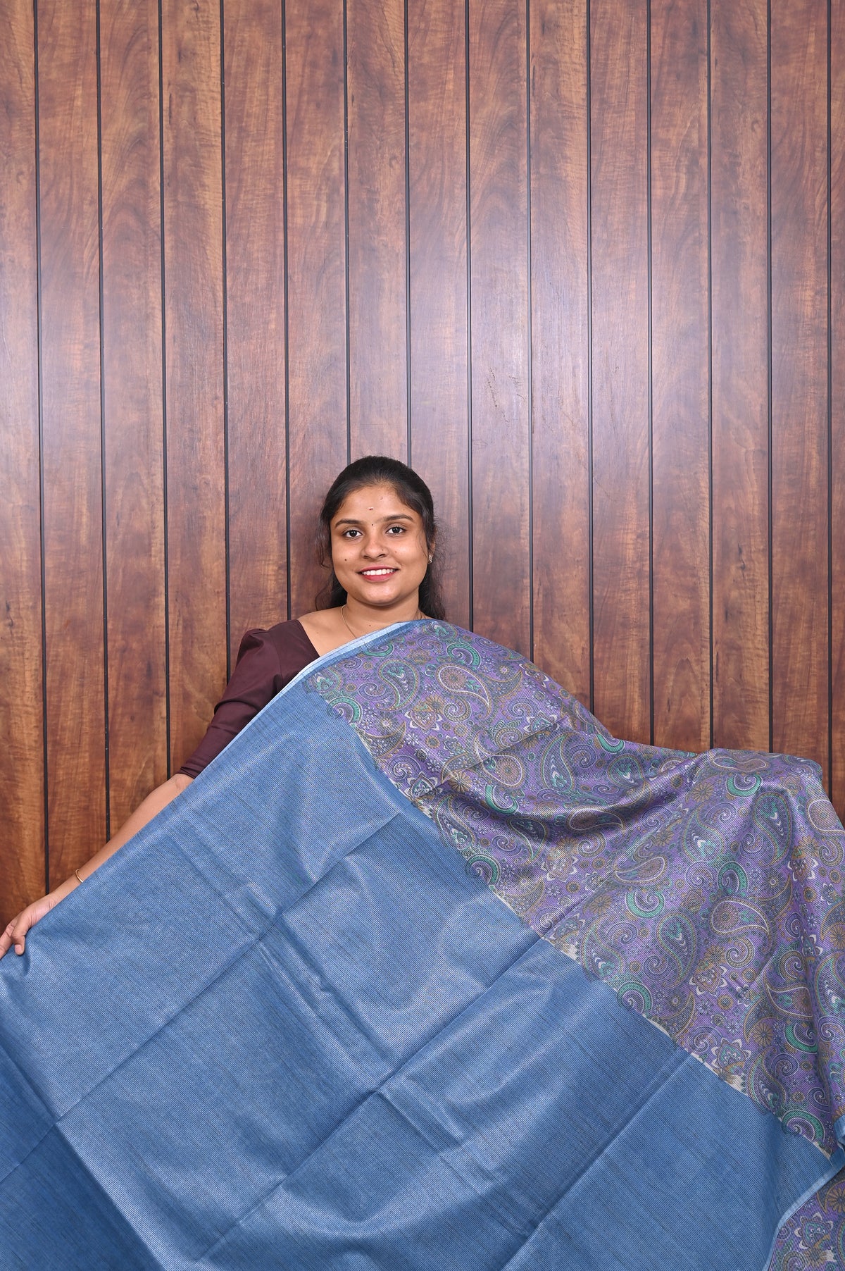 Baswada Cotton Saree SLM-BSW-0053 - Blue-grey with an all-over paisley print - second view