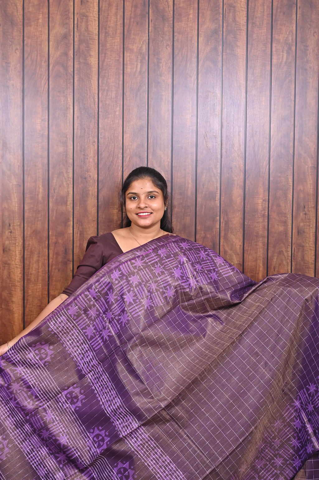 Baswada Cotton Saree SLM-BSW-0054 - Purple checks with a printed border - front view