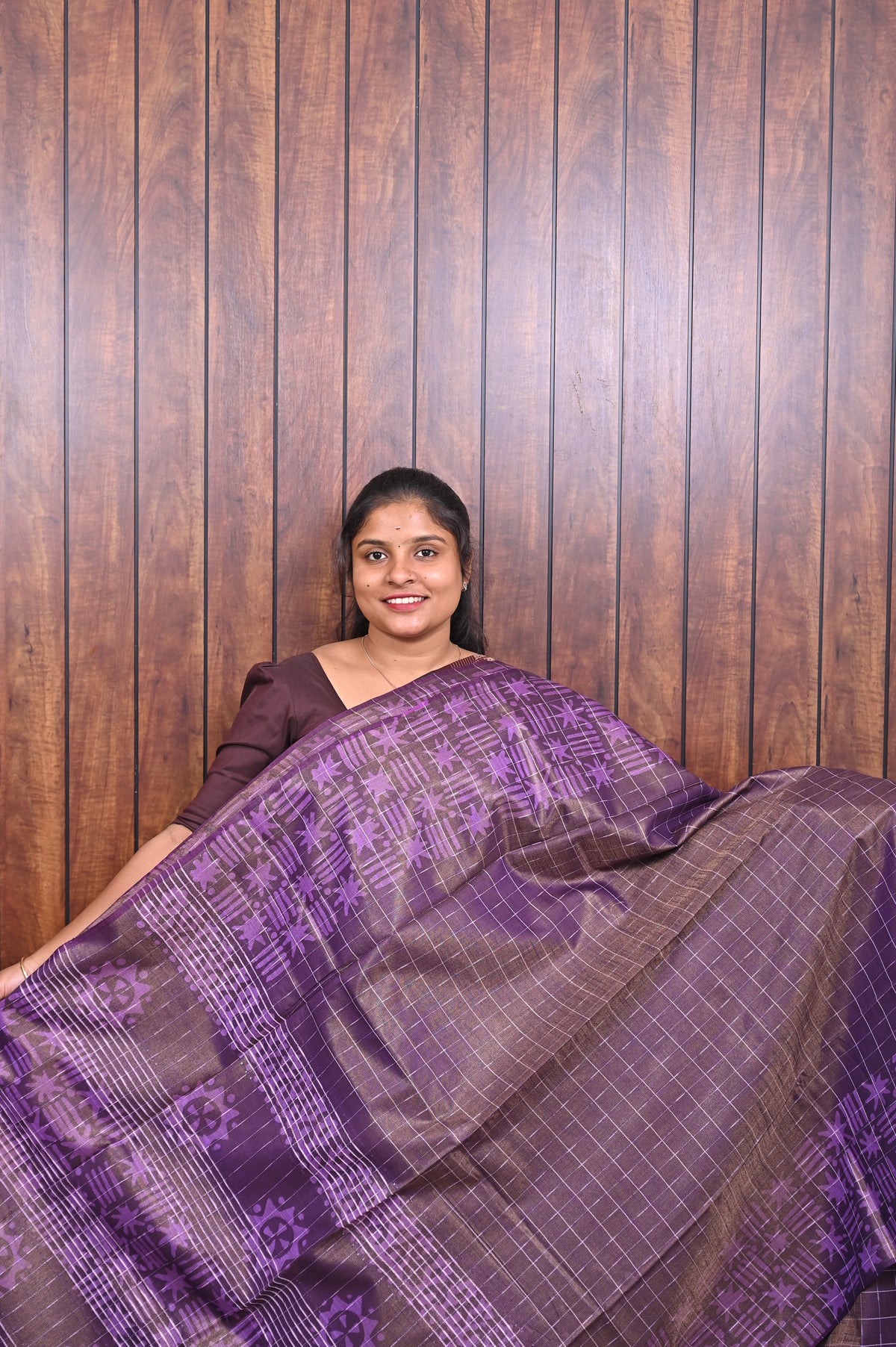 Baswada Cotton Saree SLM-BSW-0054 - Purple checks with a printed border - front view