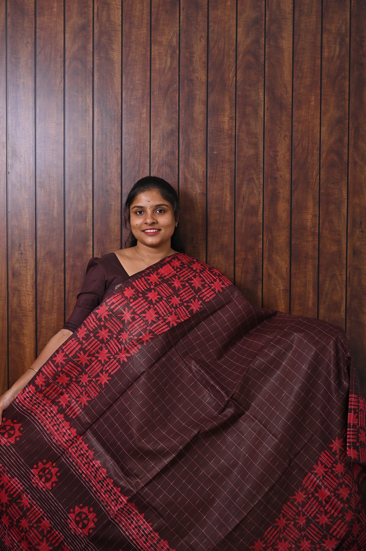 Baswada Cotton Saree SLM-BSW-0055 - Maroon brown checks with a red printed border - front view
