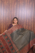 Baswada Cotton Saree SLM-BSW-0056 - Grey-brown checks with a rust printed border - front view