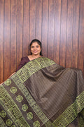 Baswada Cotton Saree SLM-BSW-0057 - Brown checks with an olive printed border - front view