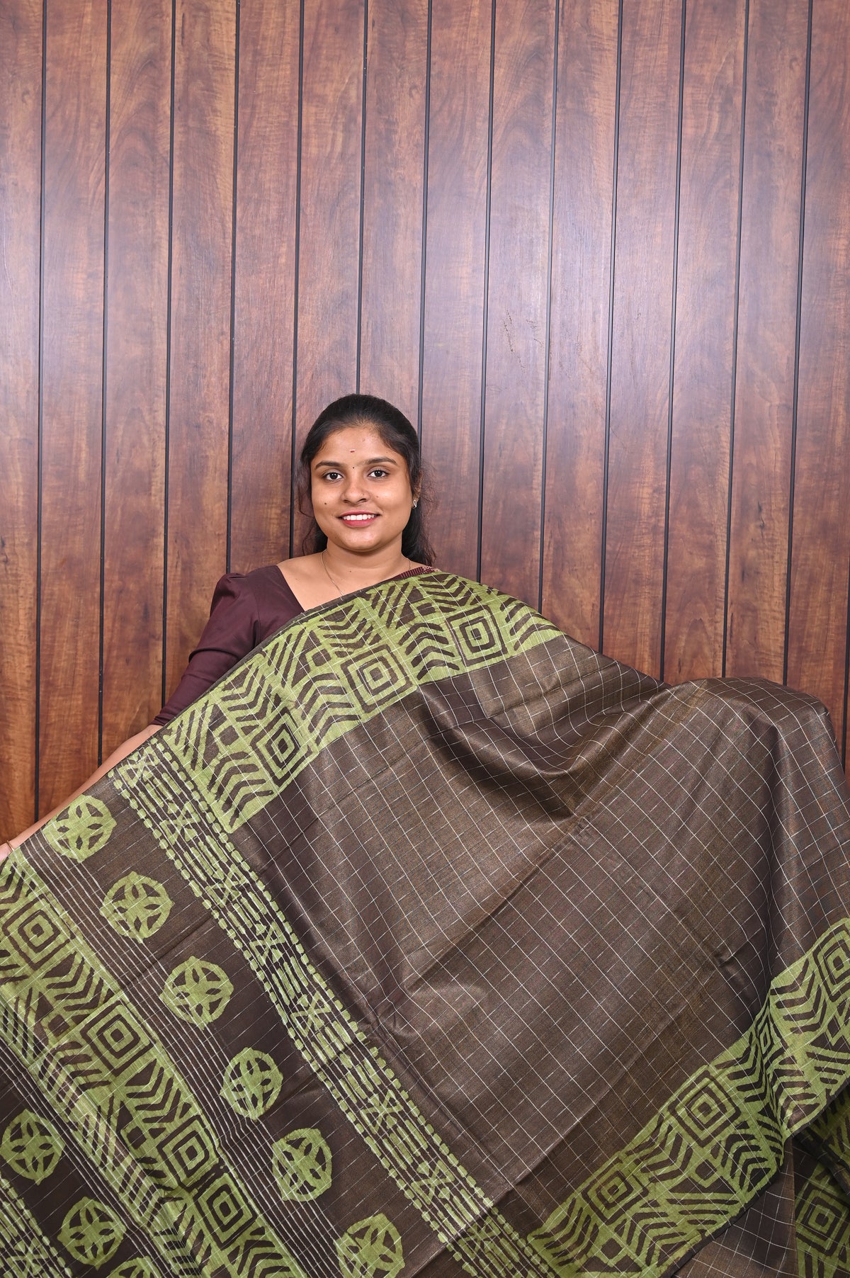 Baswada Cotton Saree SLM-BSW-0057 - Brown checks with an olive printed border - front view