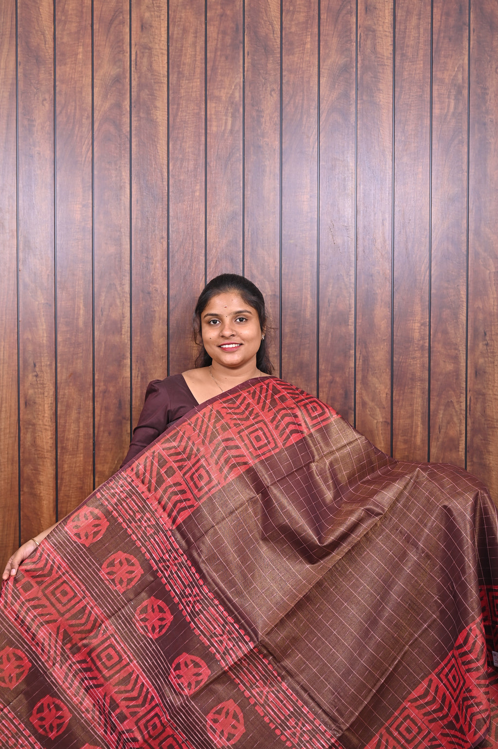 Baswada Cotton Saree SLM-BSW-0058 - Brown checks with a red printed border - front view