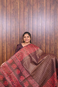 Baswada Cotton Saree SLM-BSW-0058 - Brown checks with a red printed border - front view