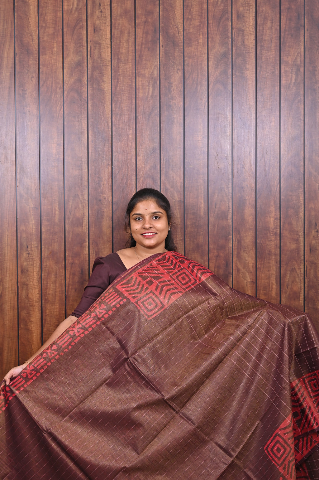 Baswada Cotton Saree SLM-BSW-0058 - Brown checks with a red printed border - second view