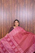 Baswada Cotton Saree SLM-BSW-0059 - Pink checks with a pink printed border - front view