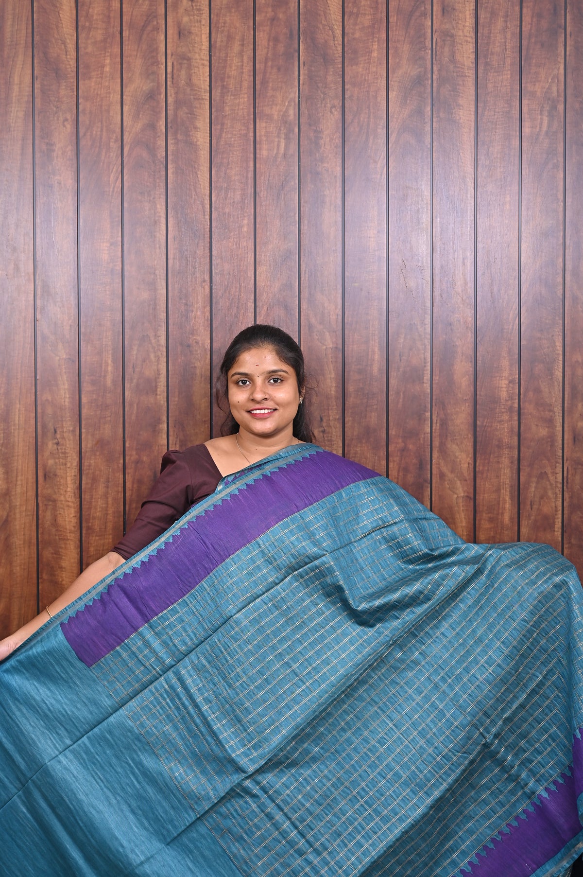 Baswada Cotton Saree SLM-BSW-0060 - Turquoise checks with a purple border - front view