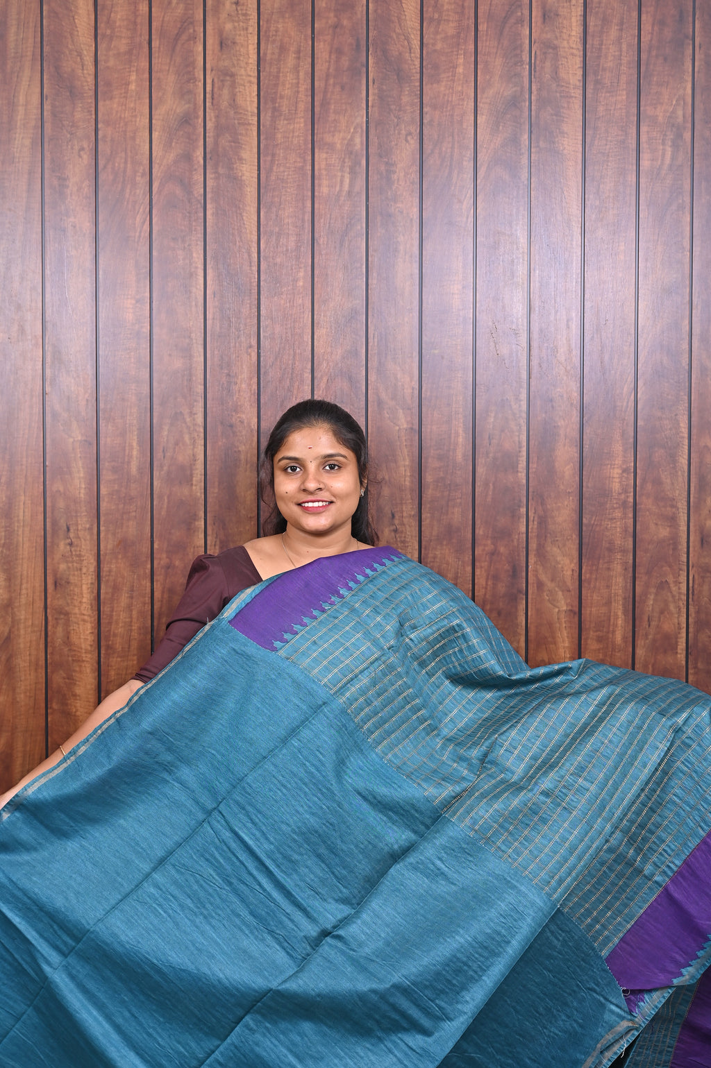 Baswada Cotton Saree SLM-BSW-0060 - Turquoise checks with a purple border - second view