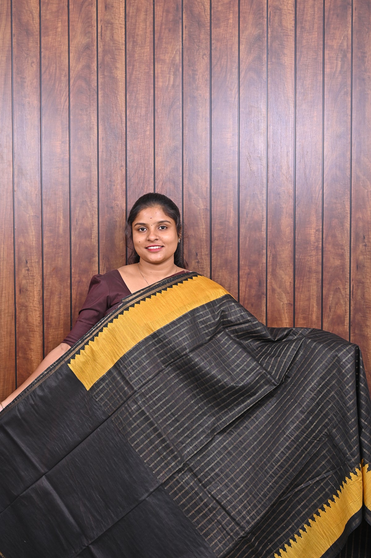 Baswada Cotton Saree SLM-BSW-0061 - Black checks with a mustard temple border - front view