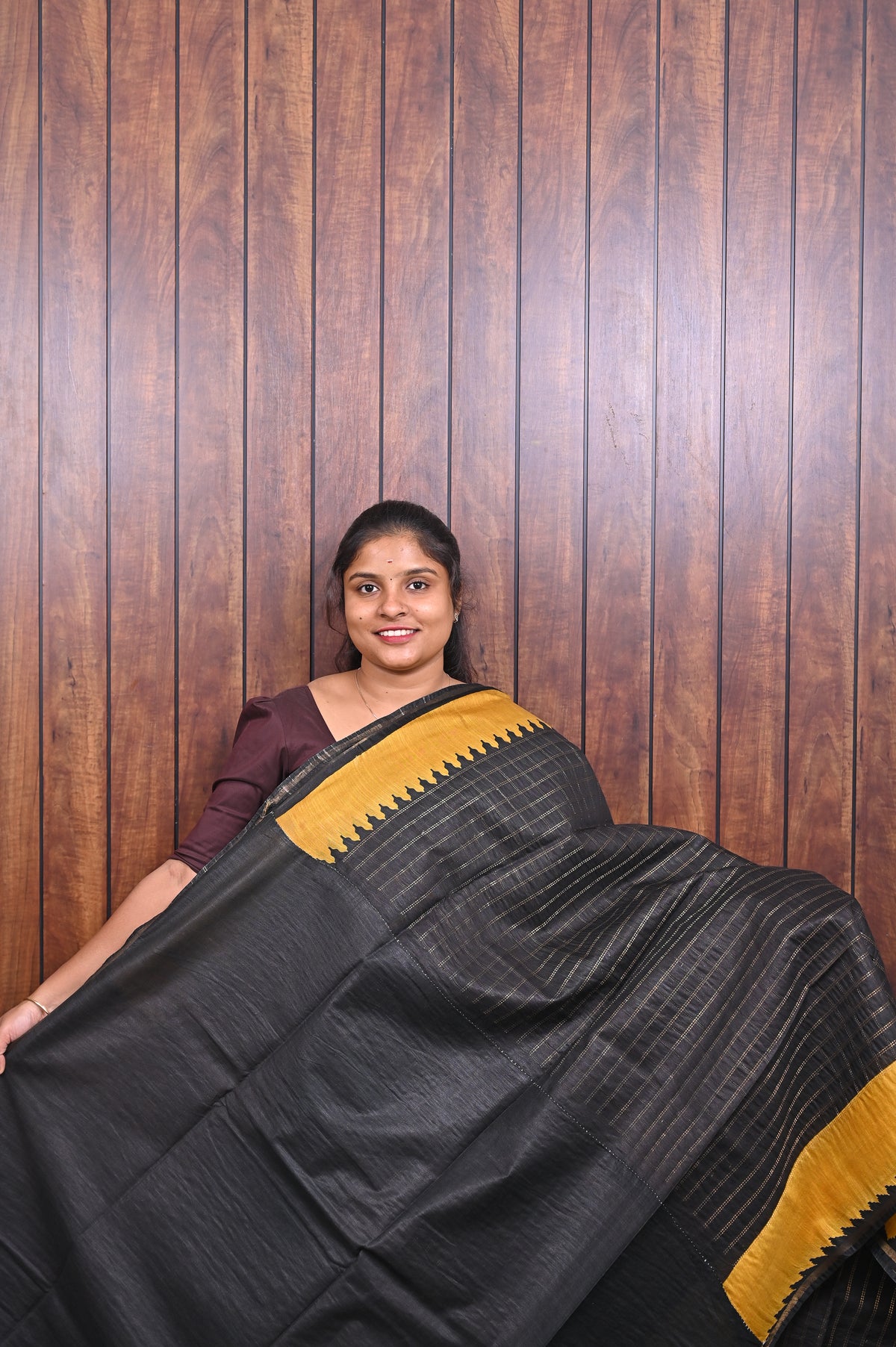 Baswada Cotton Saree SLM-BSW-0061 - Black checks with a mustard temple border - second view