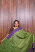 Baswada Cotton Saree SLM-BSW-0063 - Olive green checks with a purple border - front view