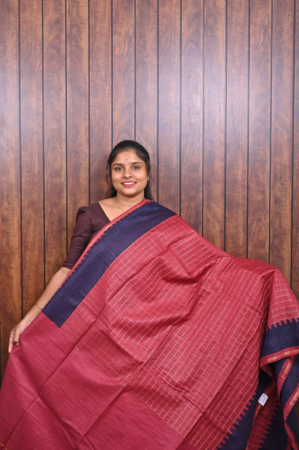 Baswada Cotton Saree SLM-BSW-0064 - Pink checks with a navy border - front view