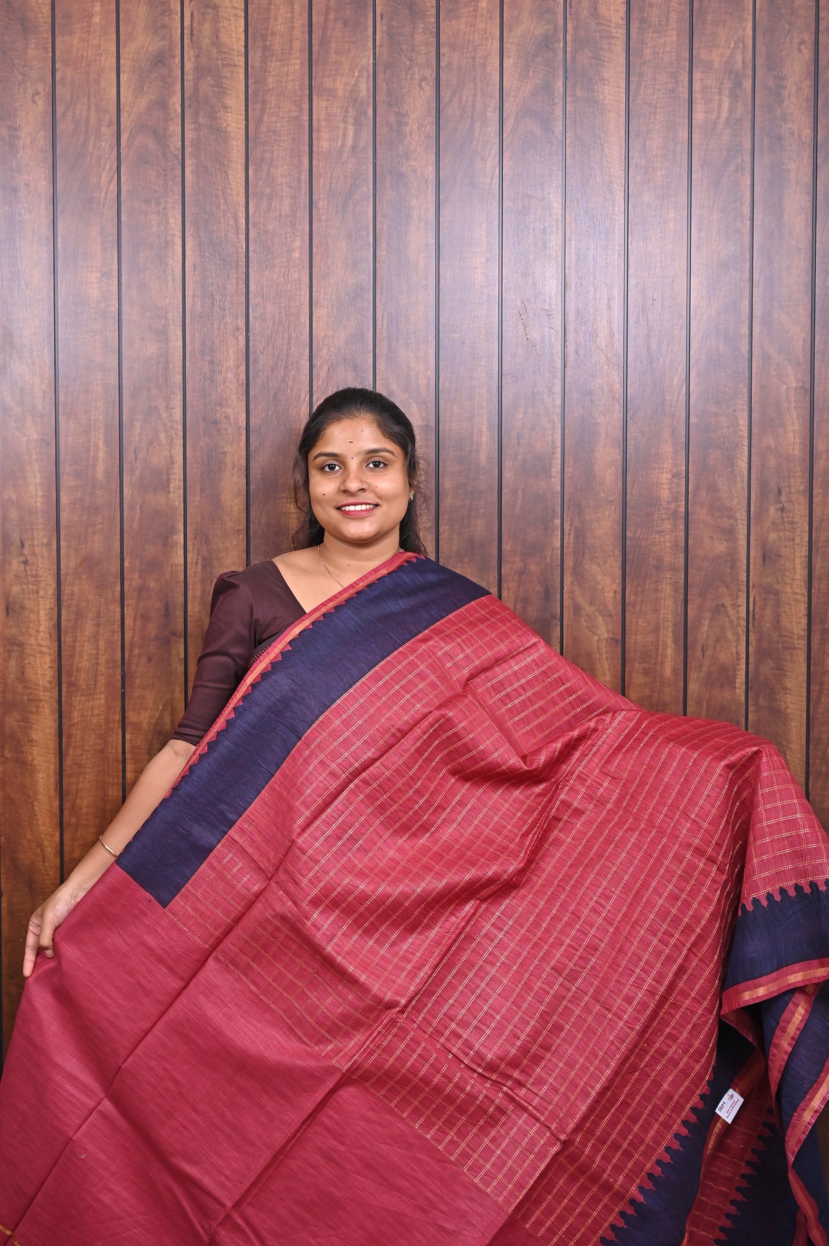 Baswada Cotton Saree SLM-BSW-0064 - Pink checks with a navy border - front view