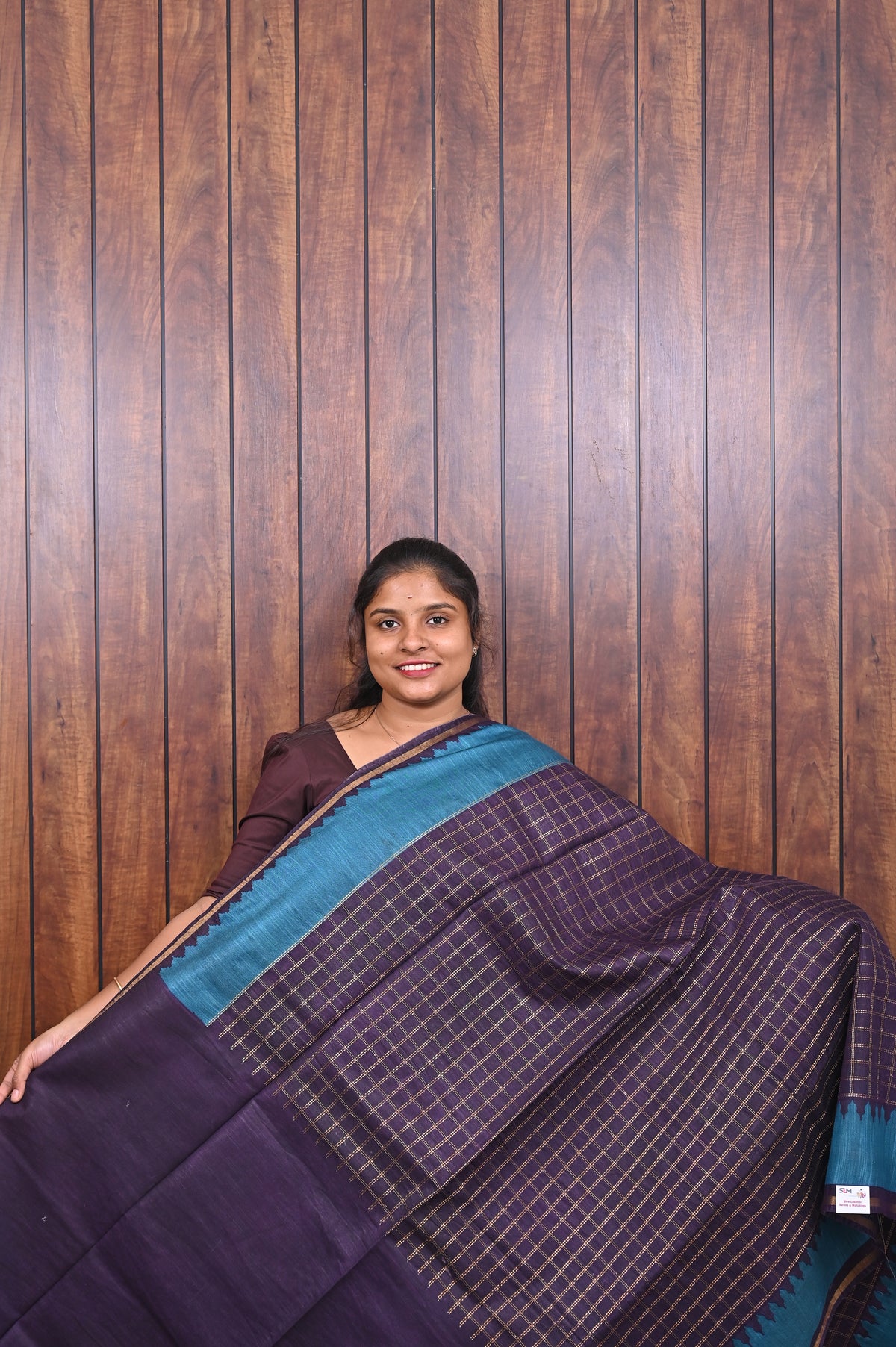 Baswada Cotton Saree SLM-BSW-0065 - Aubergine checks with a peacock blue pallu - front view