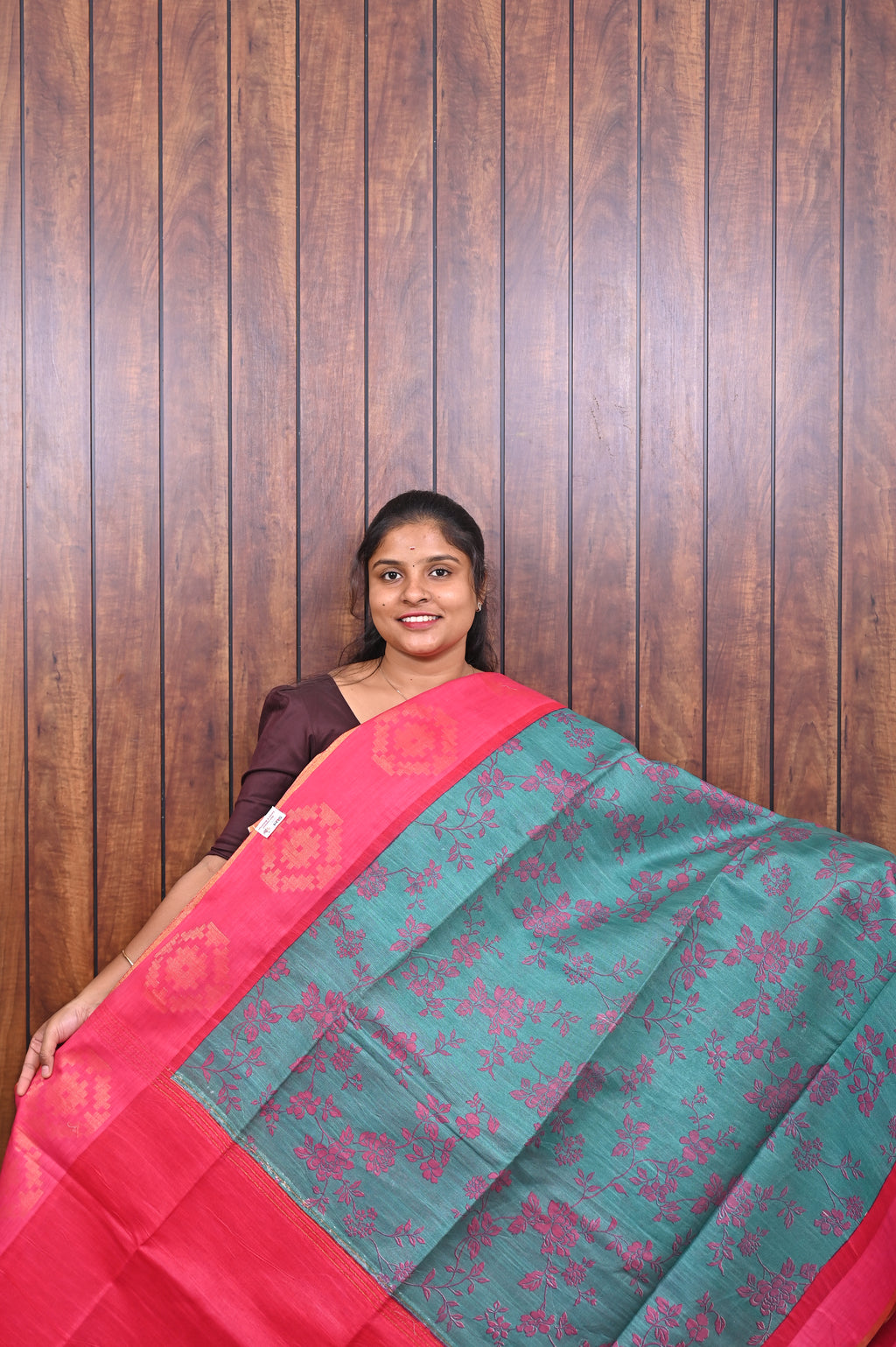 Baswada Cotton Saree SLM-BSW-0066 - Teal with floral print and a rani pink pallu - front view