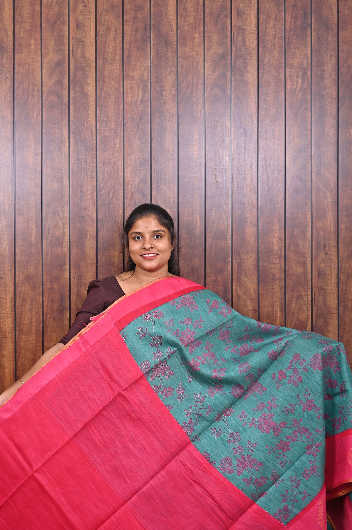 Baswada Cotton Saree SLM-BSW-0066 - Teal with floral print and a rani pink pallu - second view