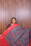Baswada Cotton Saree SLM-BSW-0068 - Grey with floral print and a red pallu - front view