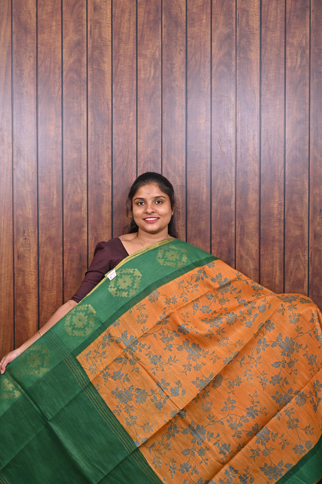 Baswada Cotton Saree SLM-BSW-0069 - Orange with floral print and a green pallu - front view