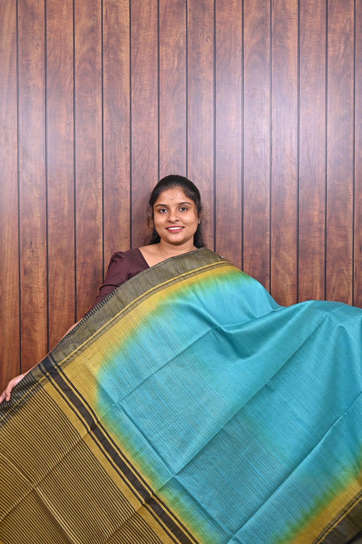 Baswada Cotton Saree SLM-BSW-0071 - Turquoise and olive ombré - front view