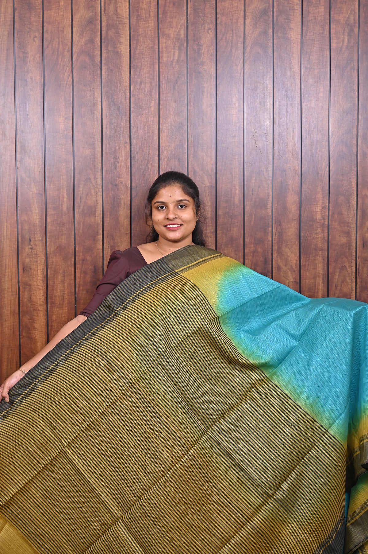 Baswada Cotton Saree SLM-BSW-0071 - Turquoise and olive ombré - second view