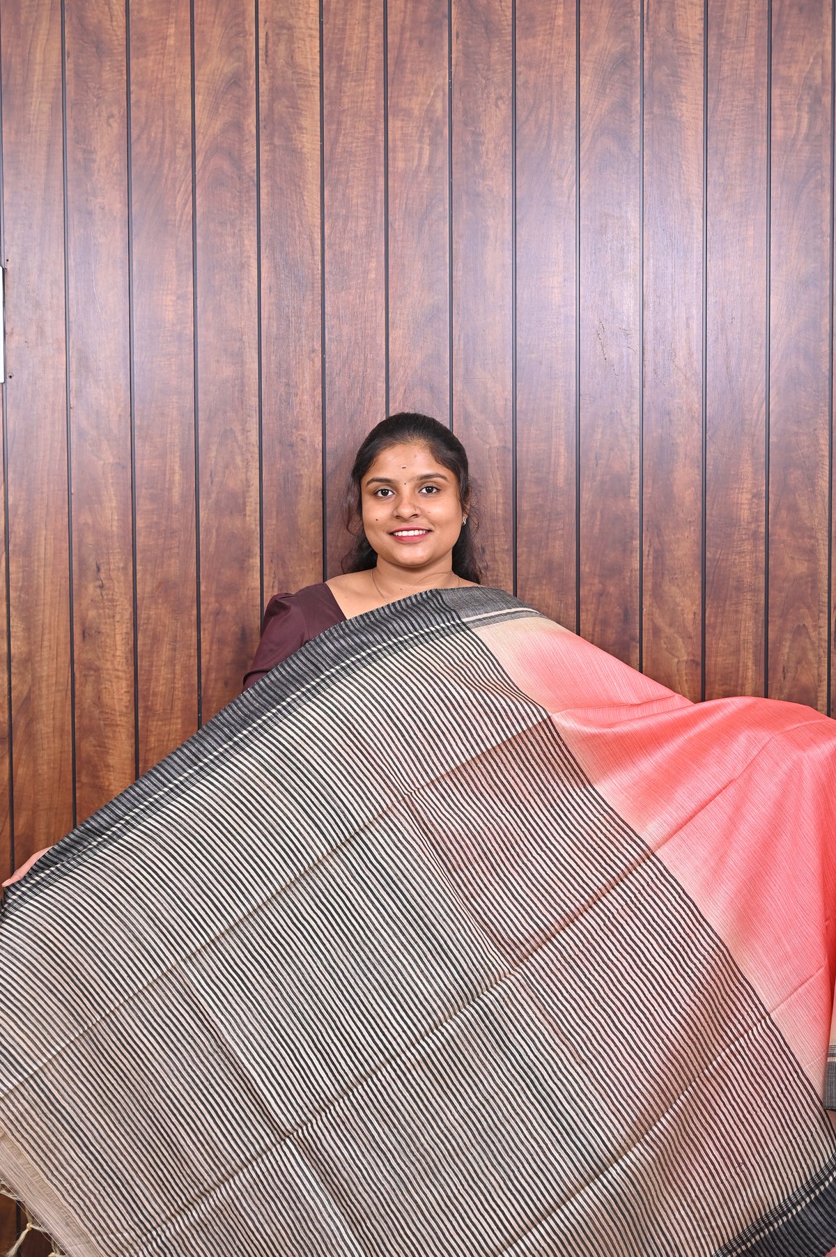 Baswada Cotton Saree SLM-BSW-0072 - Baby pink with a black striped pallu - second view