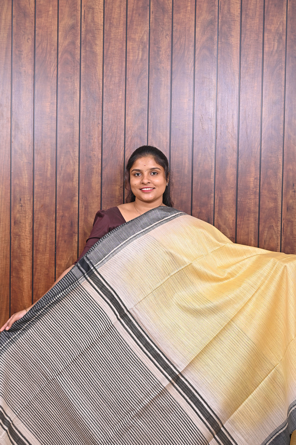 Baswada Cotton Saree SLM-BSW-0073 - Butter yellow with a black striped pallu - front view