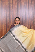 Baswada Cotton Saree SLM-BSW-0073 - Butter yellow with a black striped pallu - front view