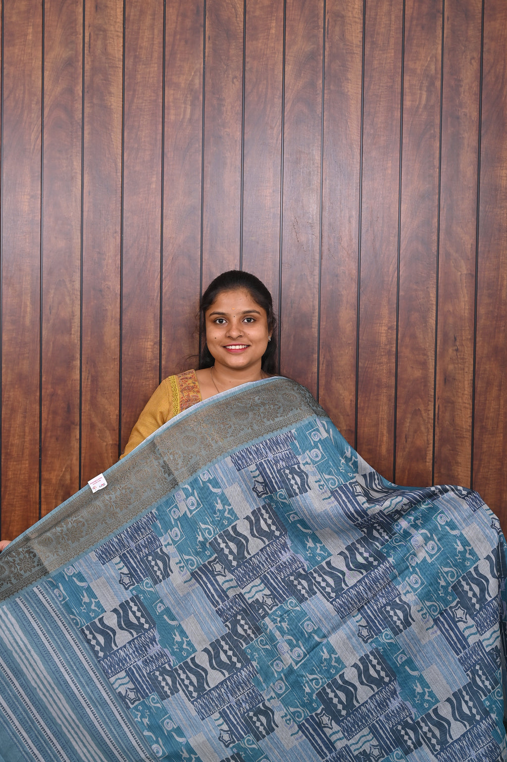 Chanderi Saree SLM-CHN-0001 - Grey-blue with a teal abstract print - front view