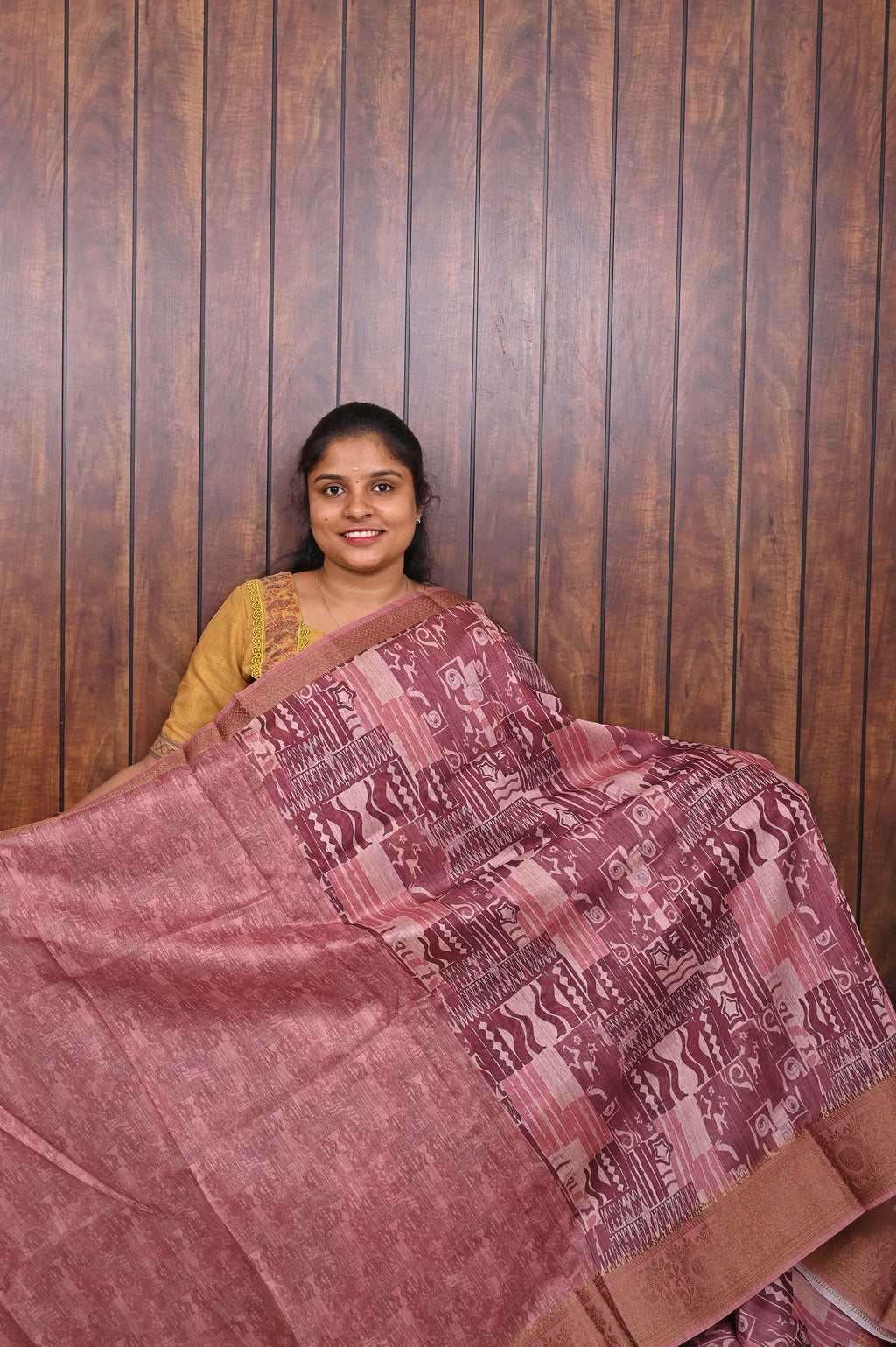 Chanderi Saree SLM-CHN-0003 - Pink with a maroon abstract print - second view