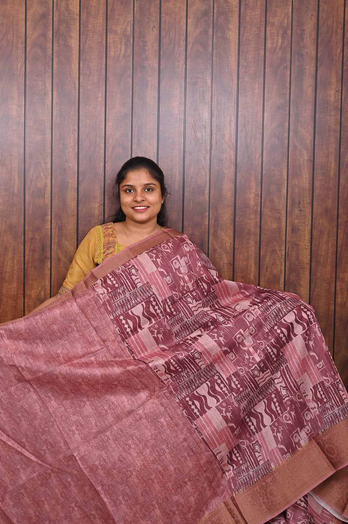 Chanderi Saree SLM-CHN-0003 - Pink with a maroon abstract print - second view