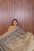 Chanderi Saree SLM-CHN-0006 - Beige brown with a geometric line pattern - front view