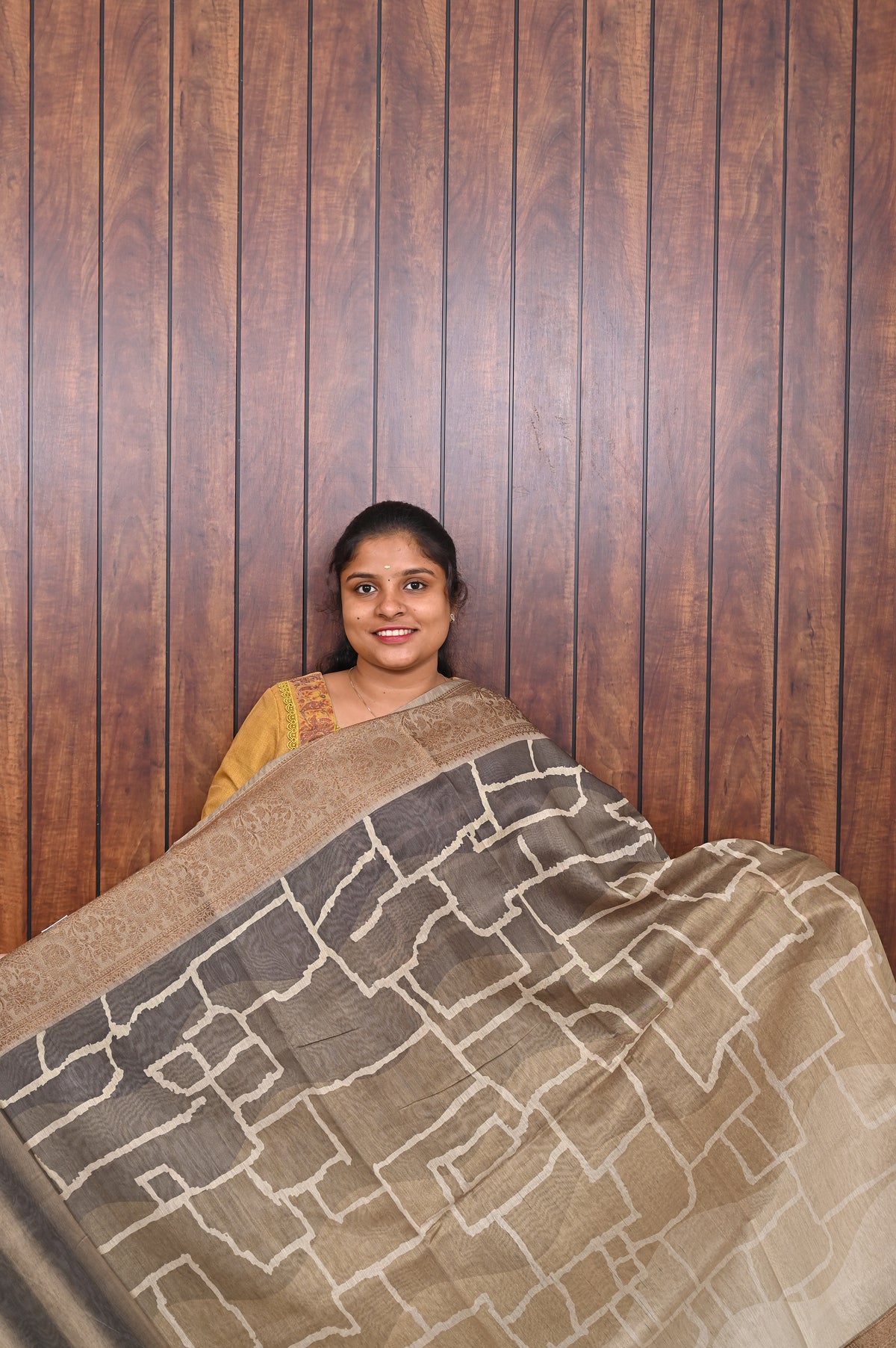 Chanderi Saree SLM-CHN-0006 - Beige brown with a geometric line pattern - front view