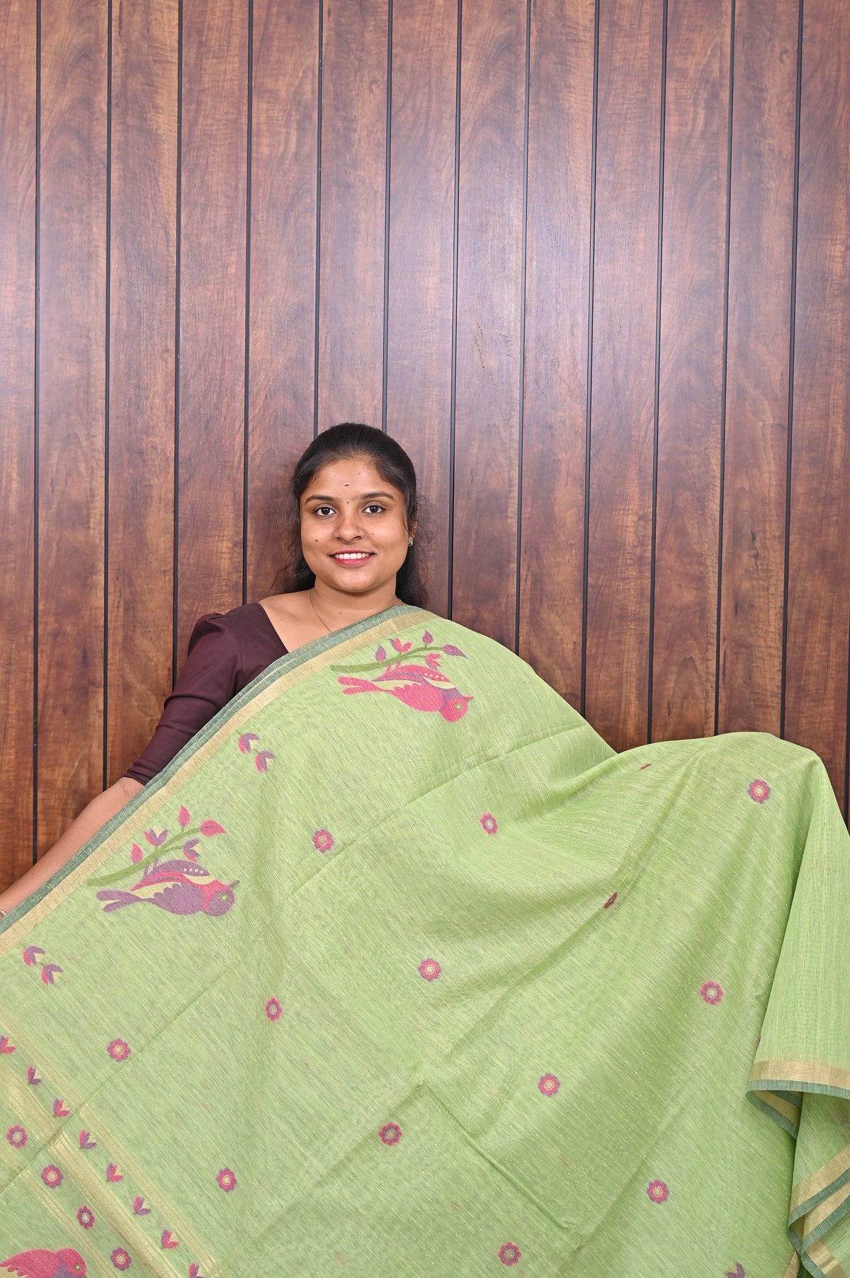 Chanderi Saree SLM-CHN-0007 - Pista green with pink bird motifs - front view