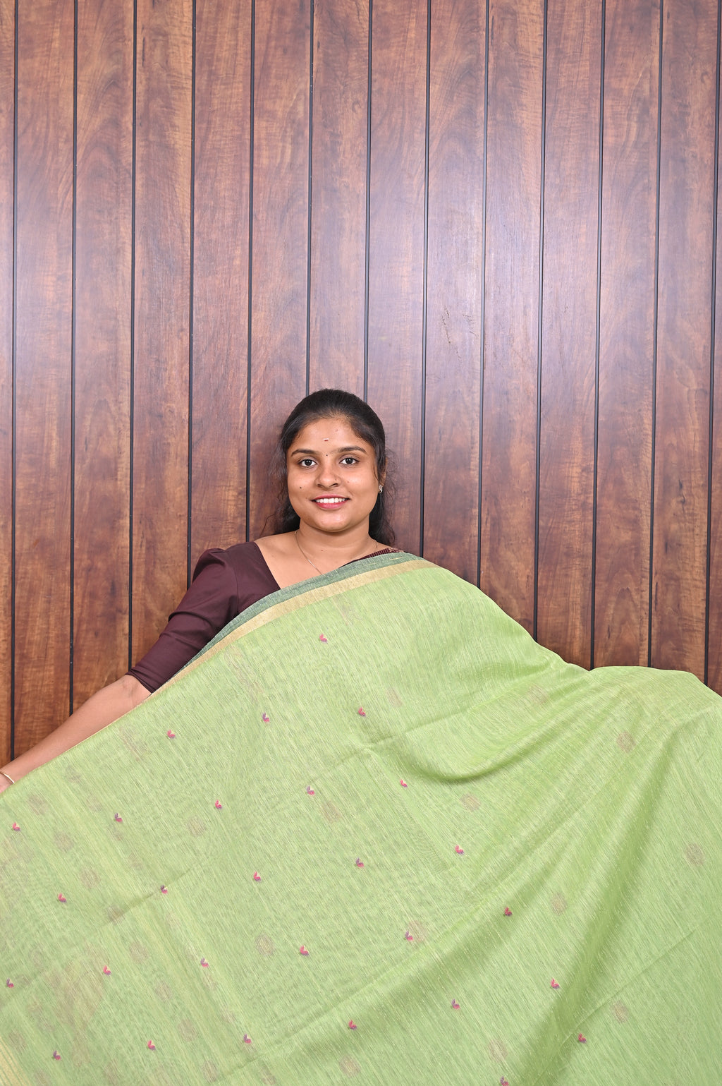 Chanderi Saree SLM-CHN-0007 - Pista green with pink bird motifs - second view