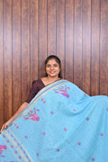 Chanderi Saree SLM-CHN-0008 - Sky blue with pink bird motifs - front view