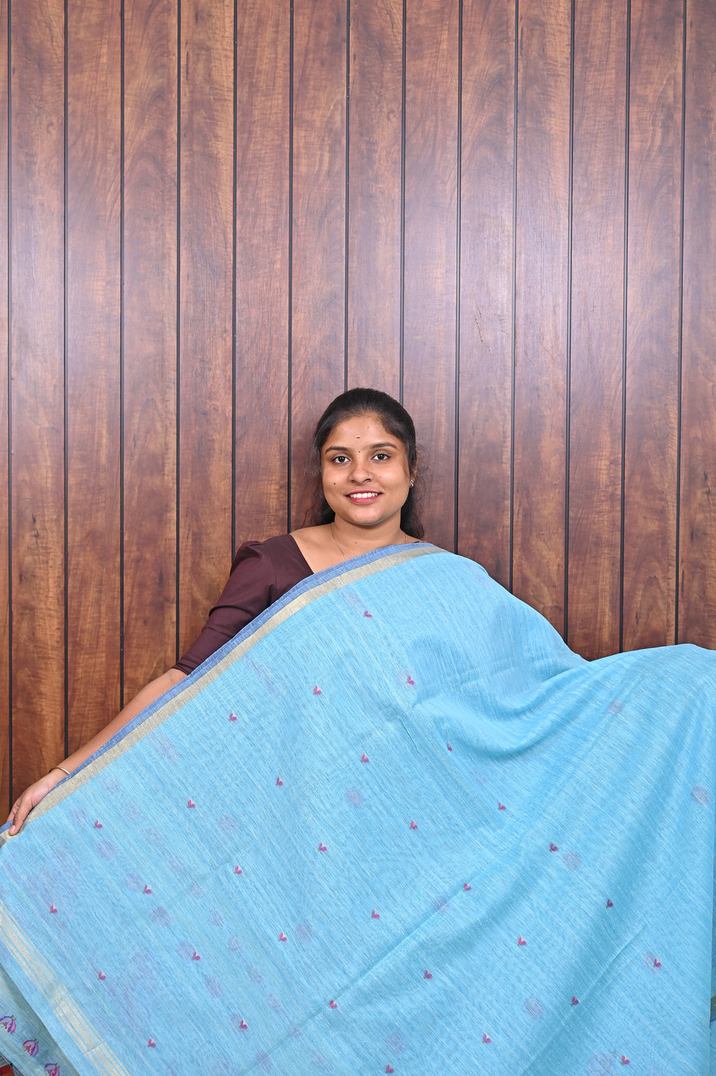 Chanderi Saree SLM-CHN-0008 - Sky blue with pink bird motifs - second view