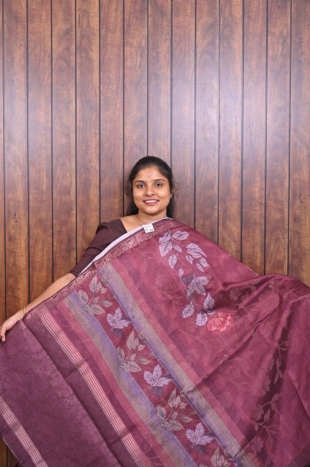 Chanderi Saree SLM-CHN-0009 - Maroon with leaf print and a striped border - front view