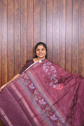 Chanderi Saree SLM-CHN-0009 - Maroon with leaf print and a striped border - front view