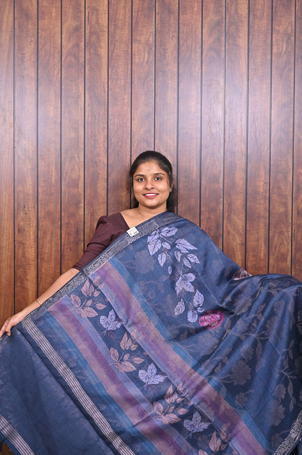 Chanderi Saree SLM-CHN-0010 - Navy blue with leaf print and a striped border - front view