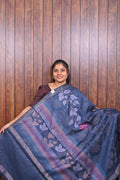 Chanderi Saree SLM-CHN-0010 - Navy blue with leaf print and a striped border - front view