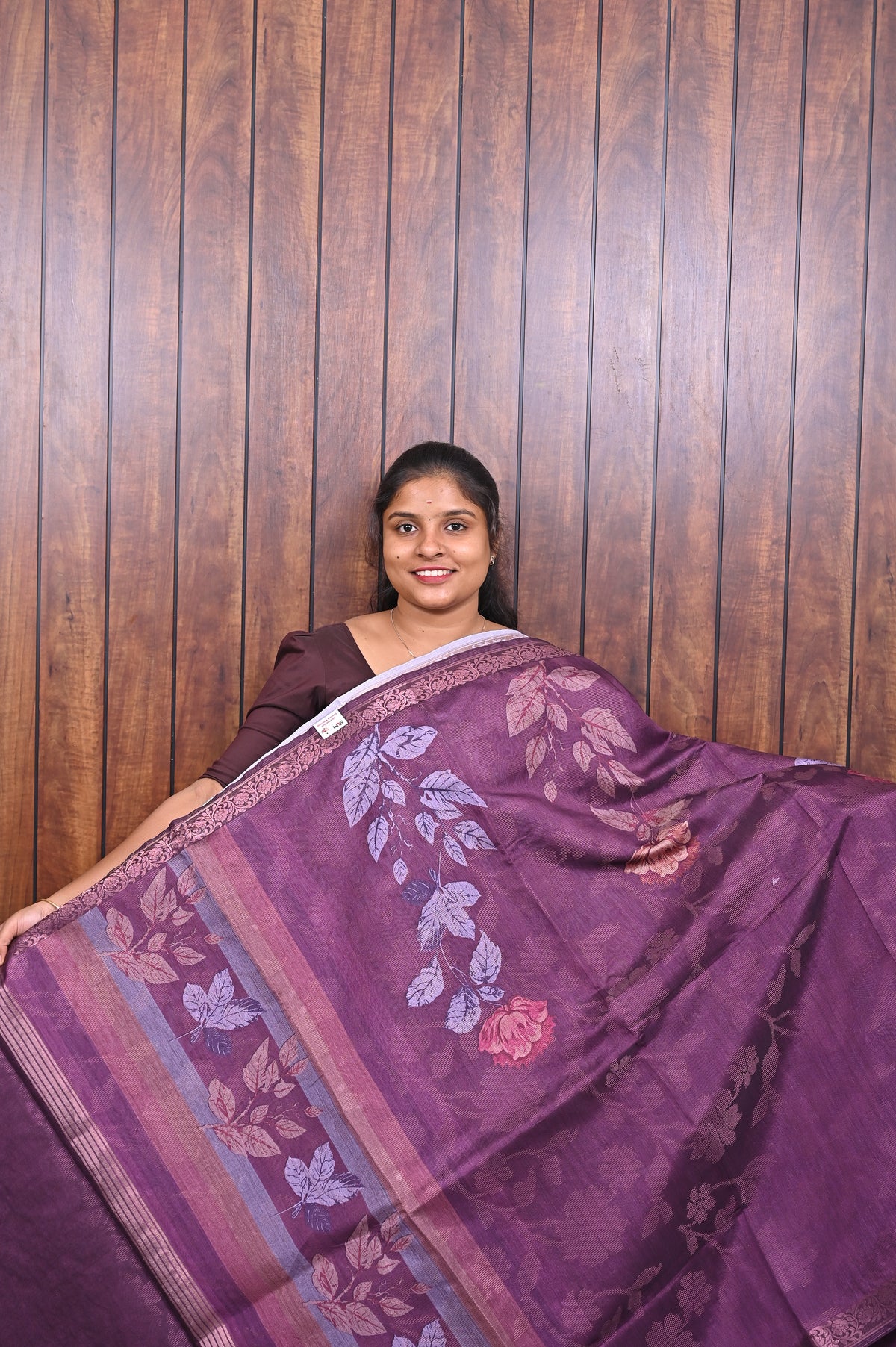 Chanderi Saree SLM-CHN-0011 - Purple with leaf print and a striped border - front view