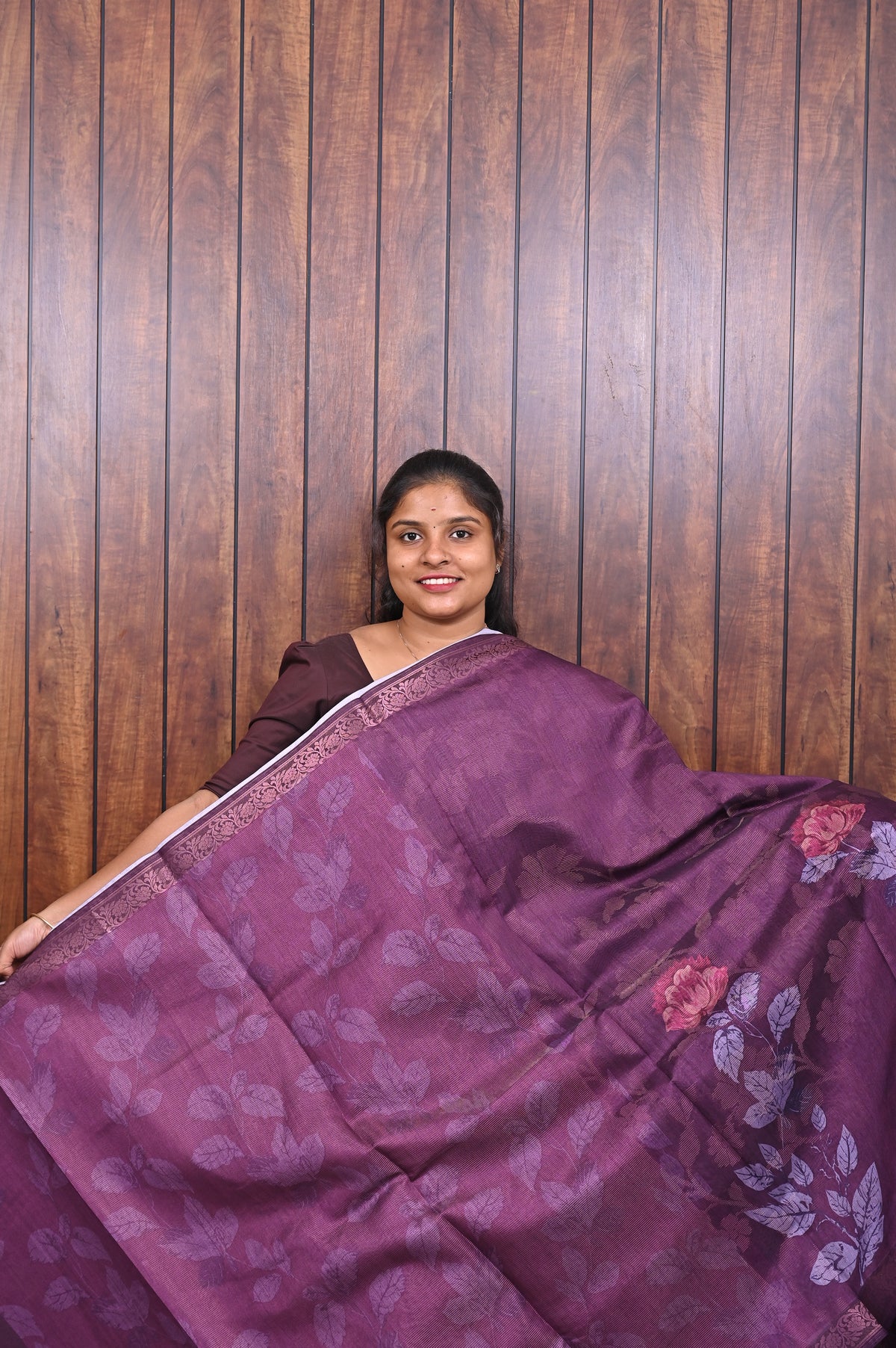 Chanderi Saree SLM-CHN-0011 - Purple with leaf print and a striped border - second view