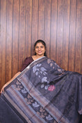 Chanderi Saree SLM-CHN-0012 - Charcoal navy with leaf print and a striped border - front view
