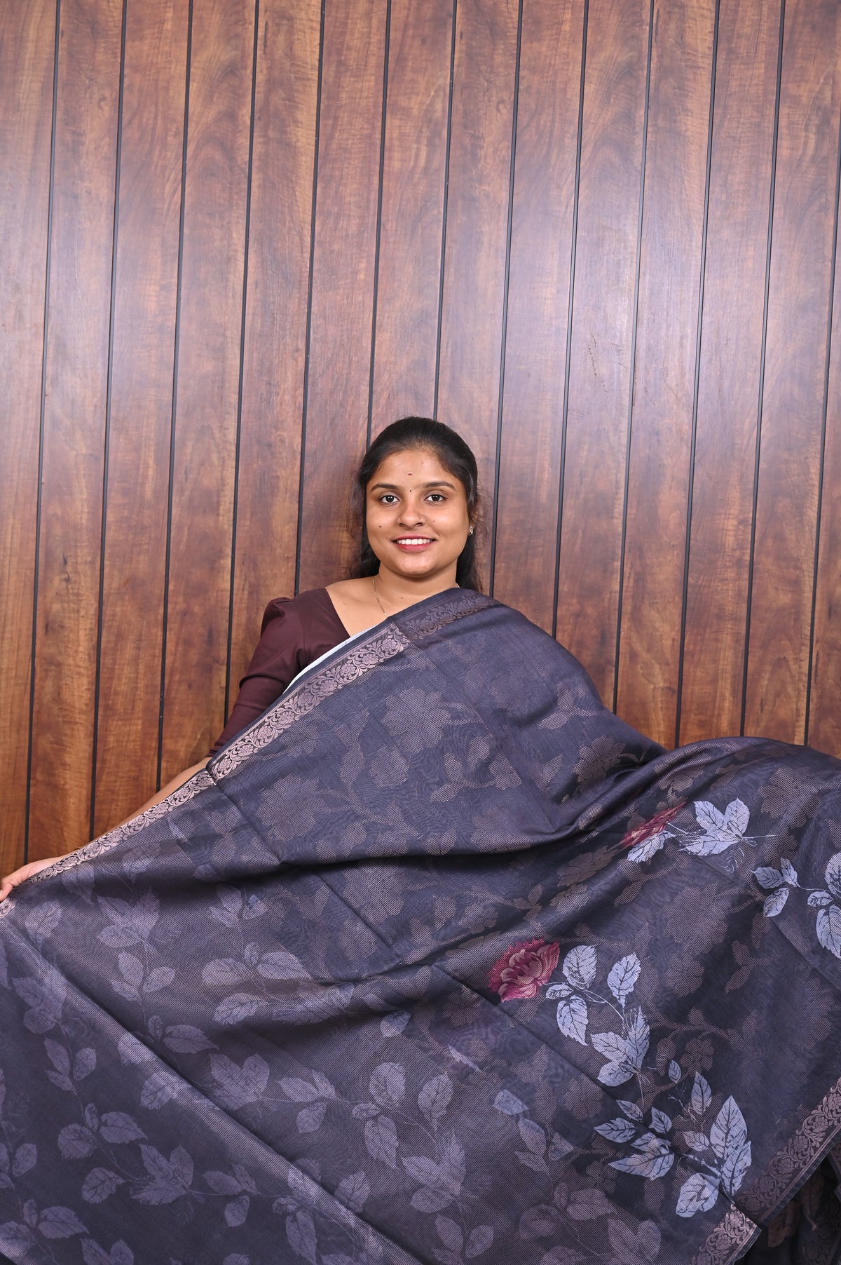 Chanderi Saree SLM-CHN-0012 - Charcoal navy with leaf print and a striped border - second view