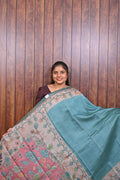 Chanderi Saree SLM-CHN-0013 - Teal with a floral printed pallu - front view