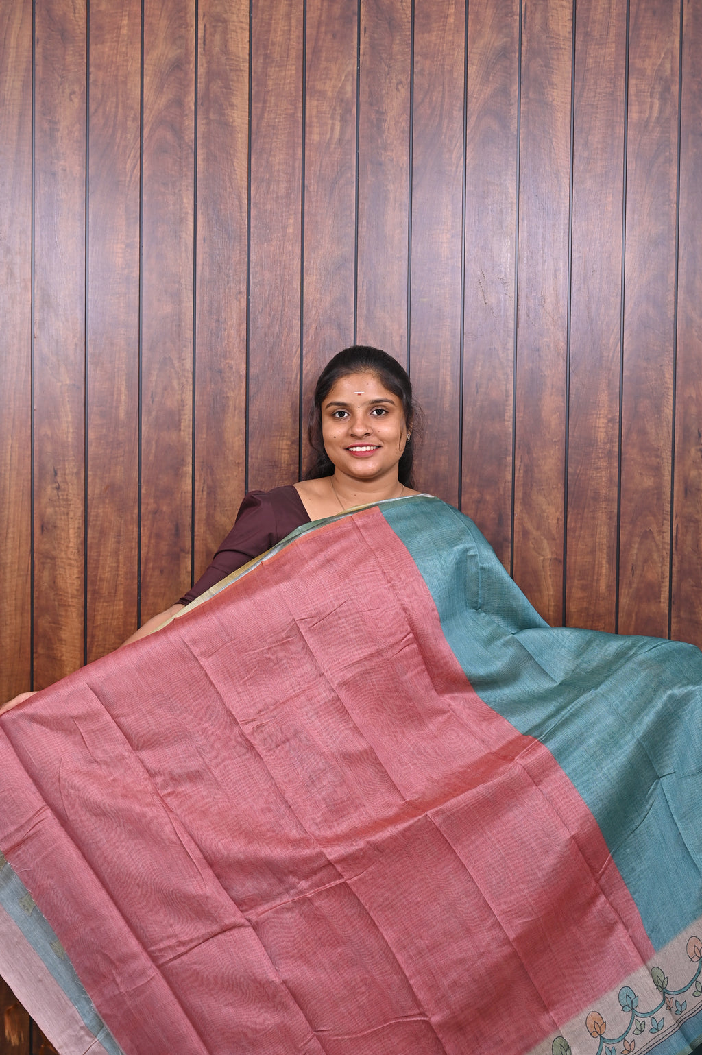 Chanderi Saree SLM-CHN-0013 - Teal with a floral printed pallu - second view