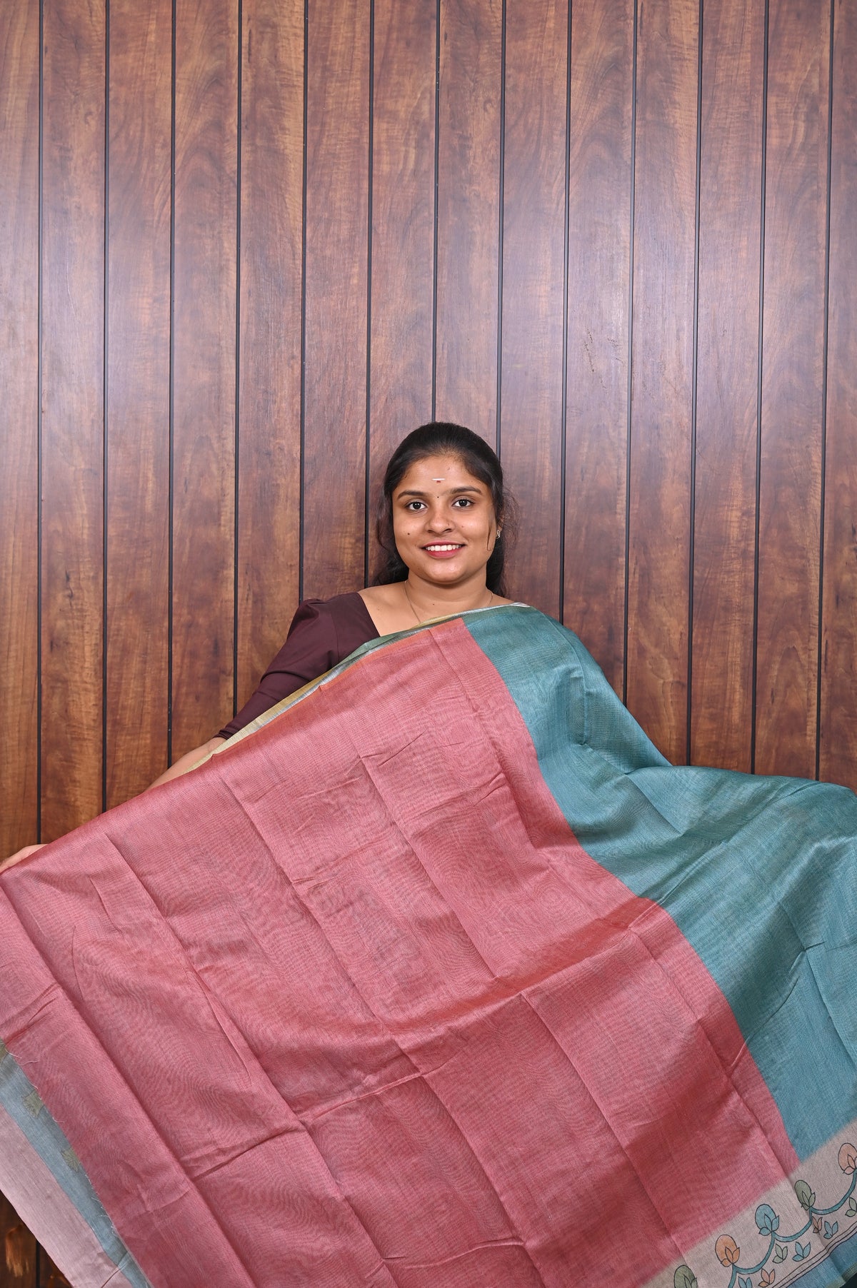 Chanderi Saree SLM-CHN-0013 - Teal with a floral printed pallu - second view