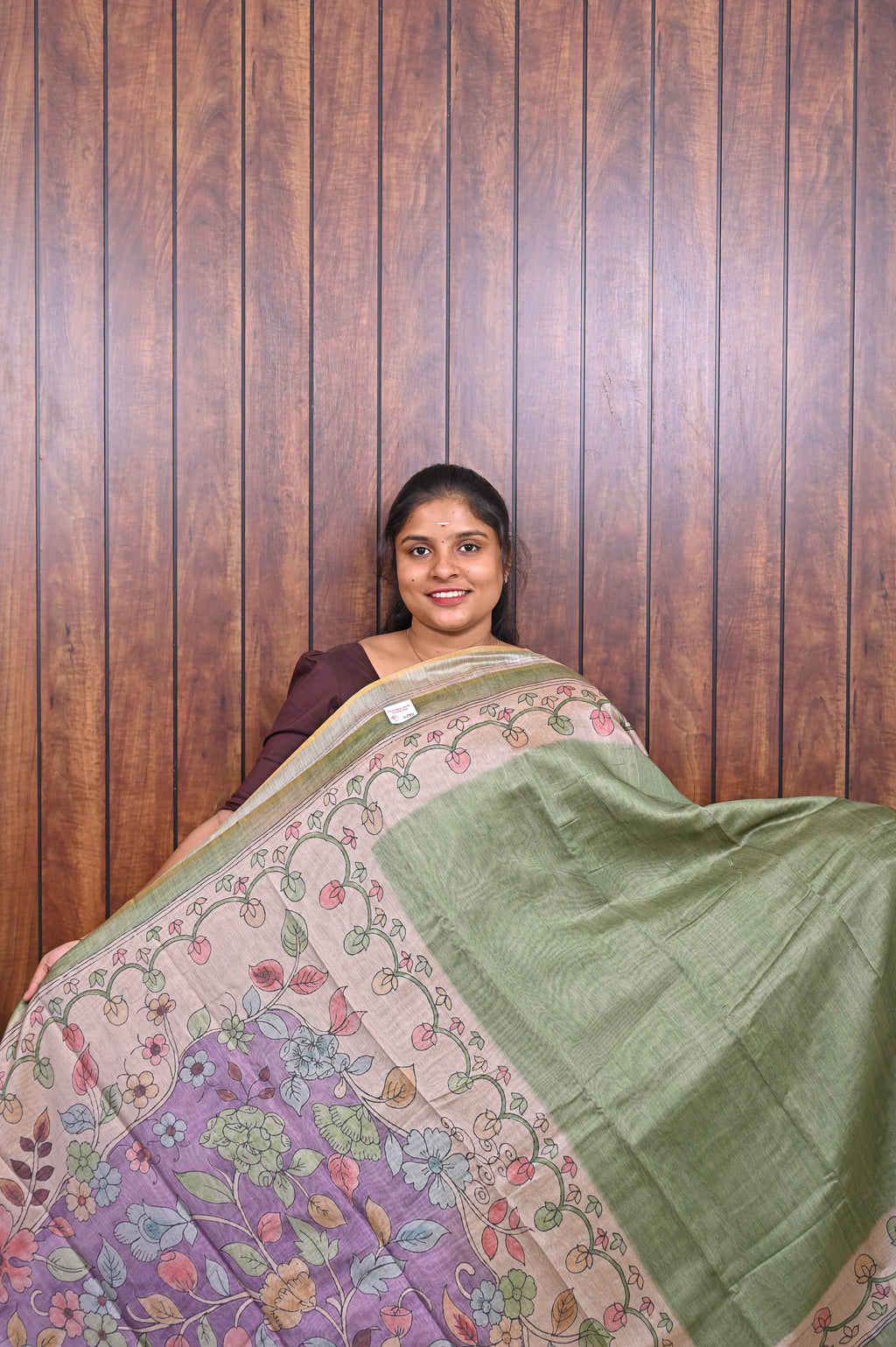Chanderi Saree SLM-CHN-0014 - Olive green with a floral printed pallu - front view