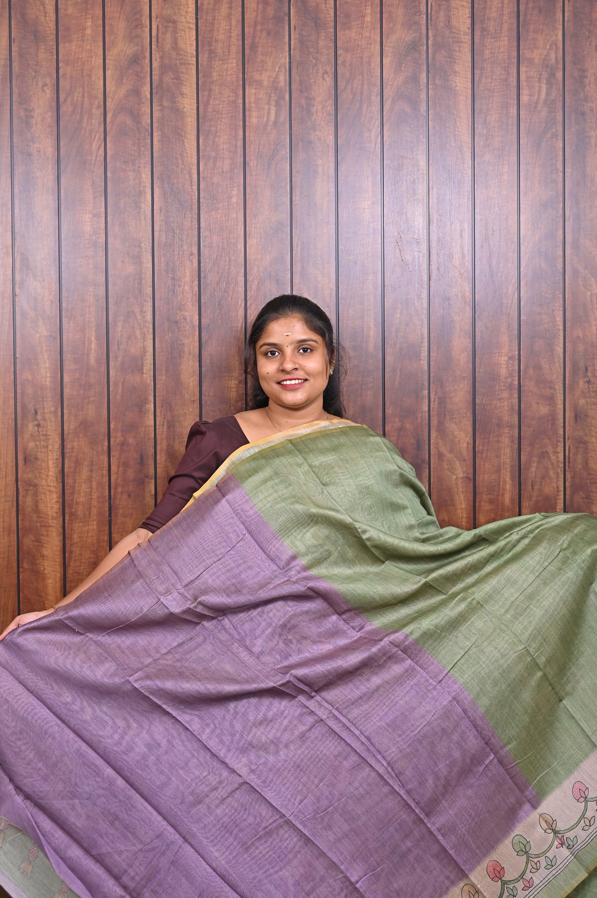 Chanderi Saree SLM-CHN-0014 - Olive green with a floral printed pallu - second view